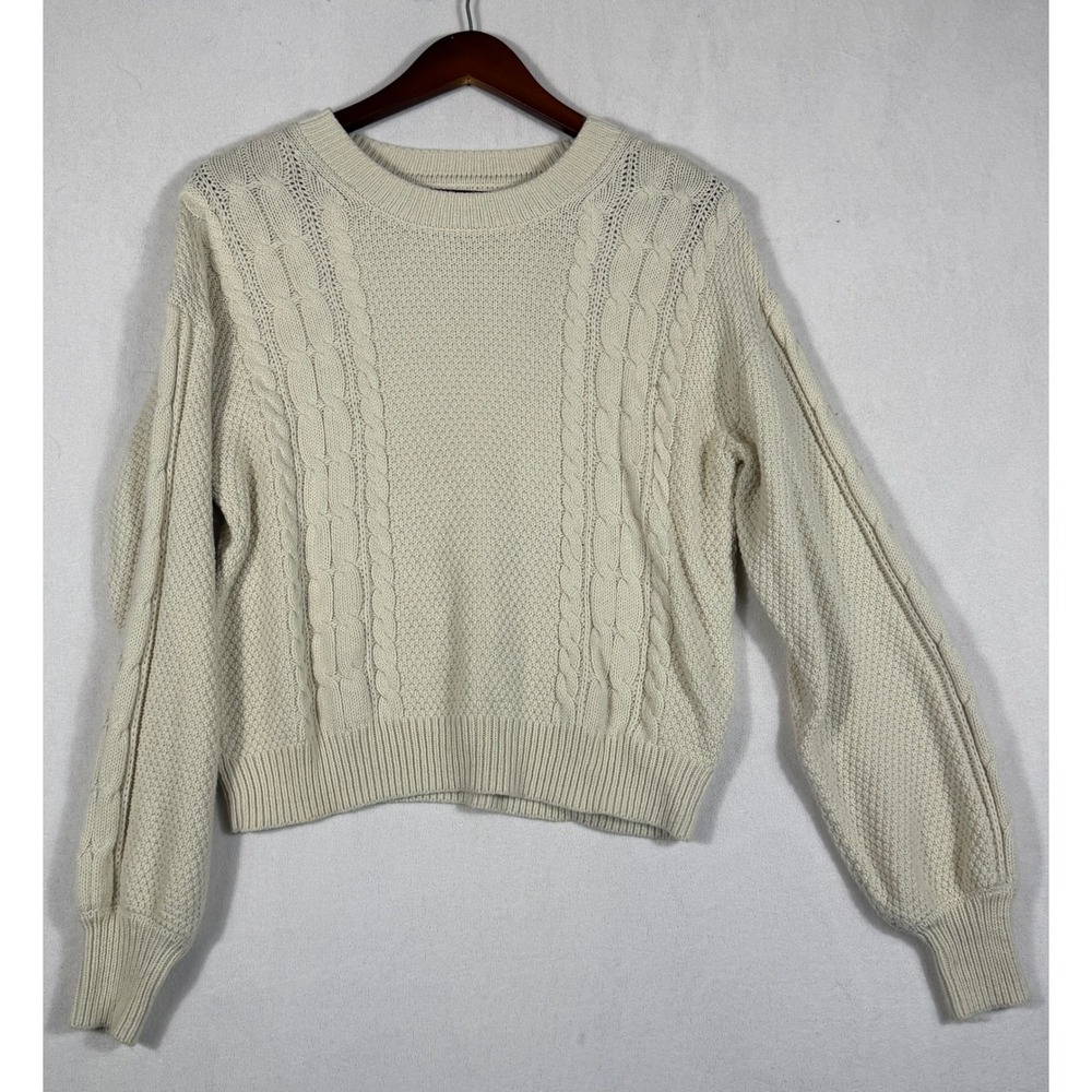 Gap Womens XS Cream Cable Knit Balloon Sleeve Cropped Sweater Cotton Wool Blend